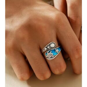 Blue Enamel Mom & Baby Turtle Spoon Ring Adjustable